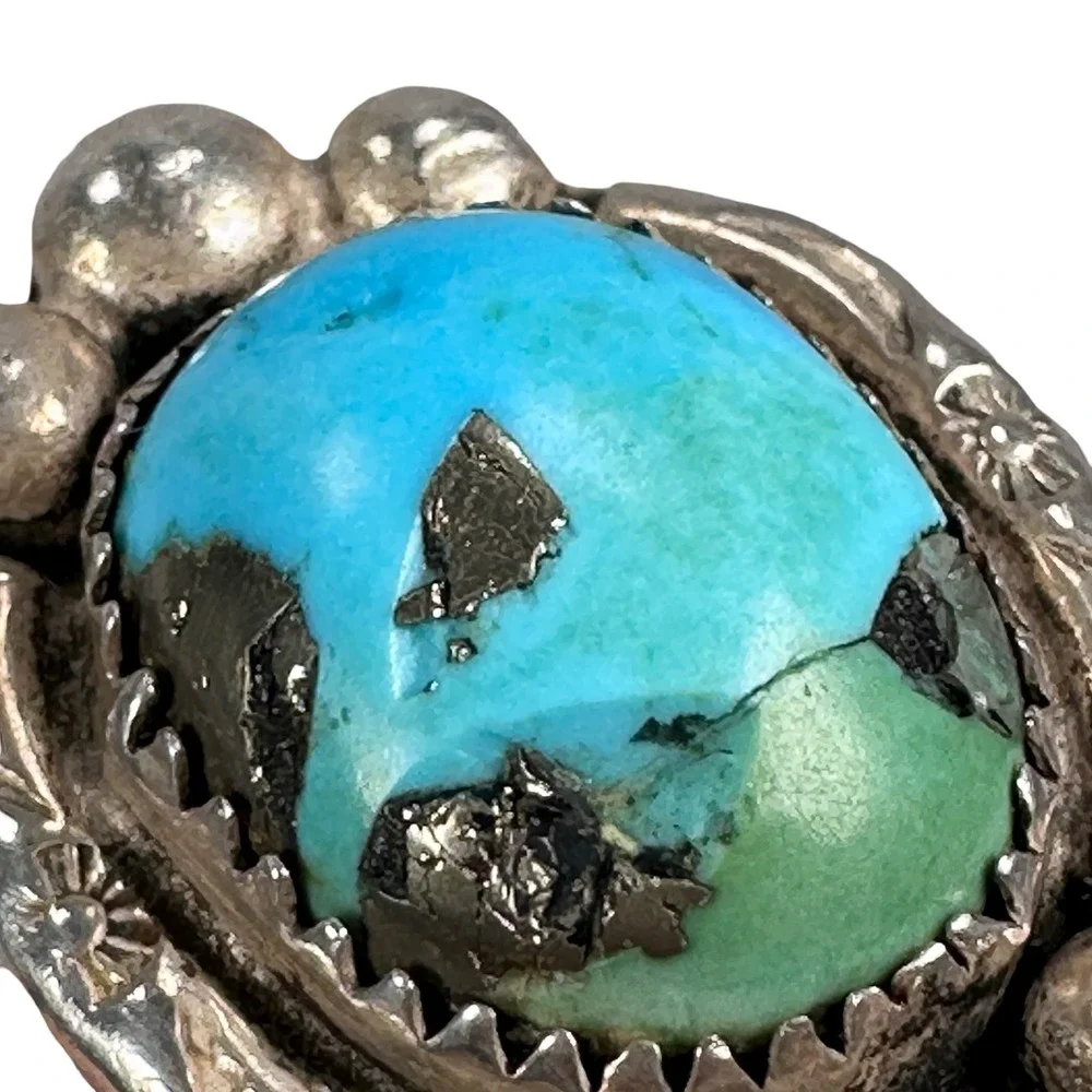 Vintage Navajo Sterling Silver Turquoise Stamped‎ Sunburst Statement Ring
